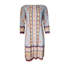 London Times Dress Womens Size 6 Blue Orange Yellow Floral 3/4 Sleeve Pullover